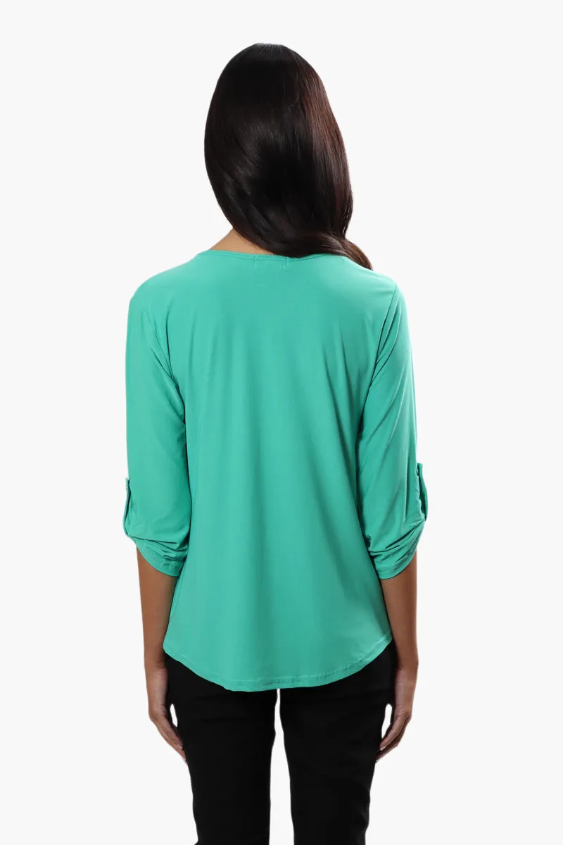 International INC Company Solid Roll Up Sleeve Blouse - Teal