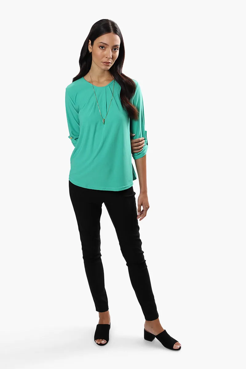 International INC Company Solid Roll Up Sleeve Blouse - Teal