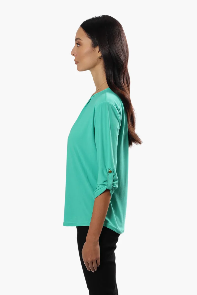 International INC Company Solid Roll Up Sleeve Blouse - Teal