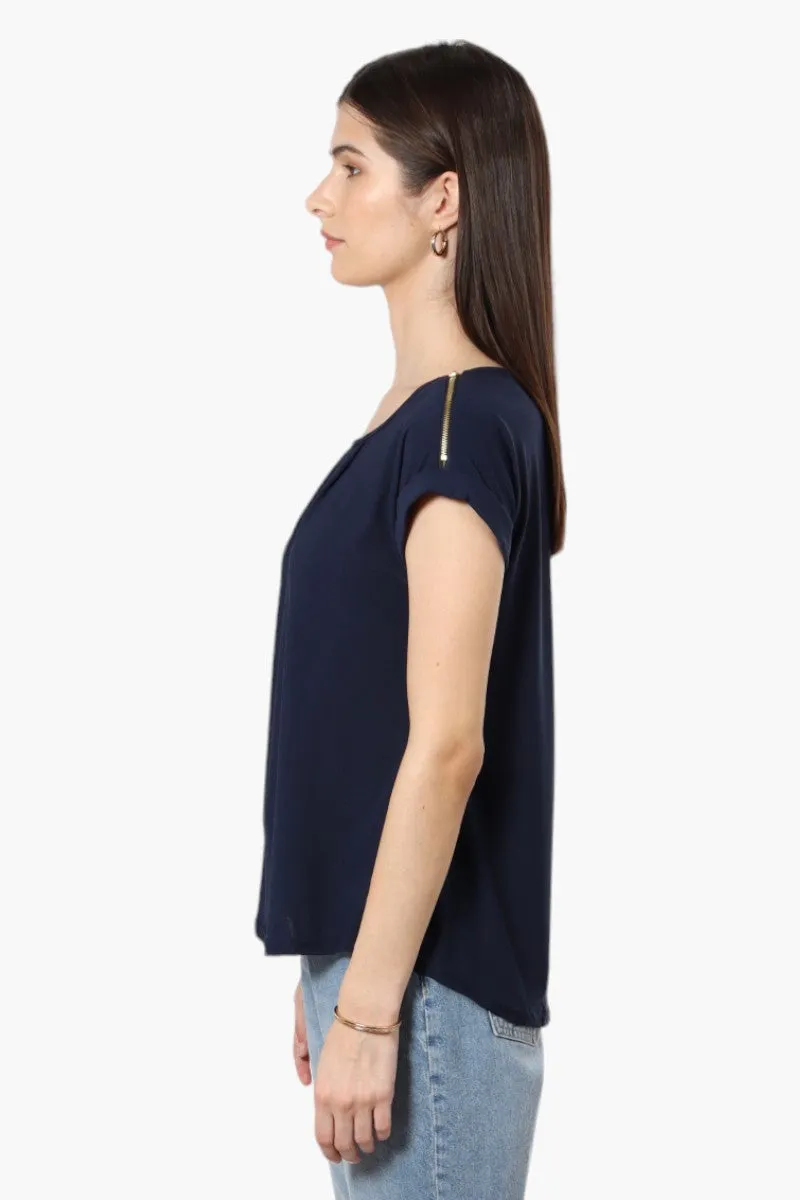 International INC Company Zip Shoulder Cap Sleeve Blouse - Navy