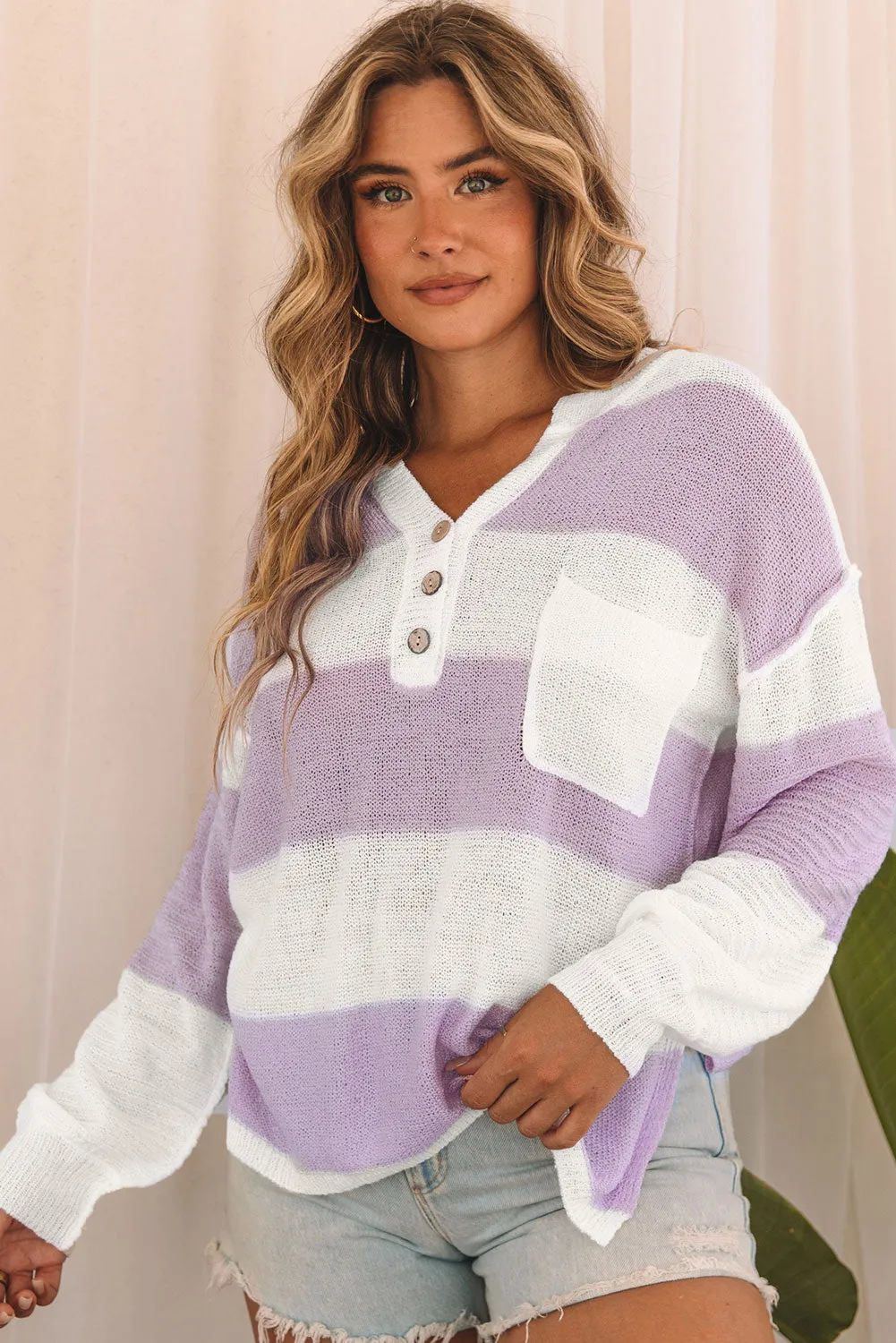 Knit Ribbed Split Neck Sweater