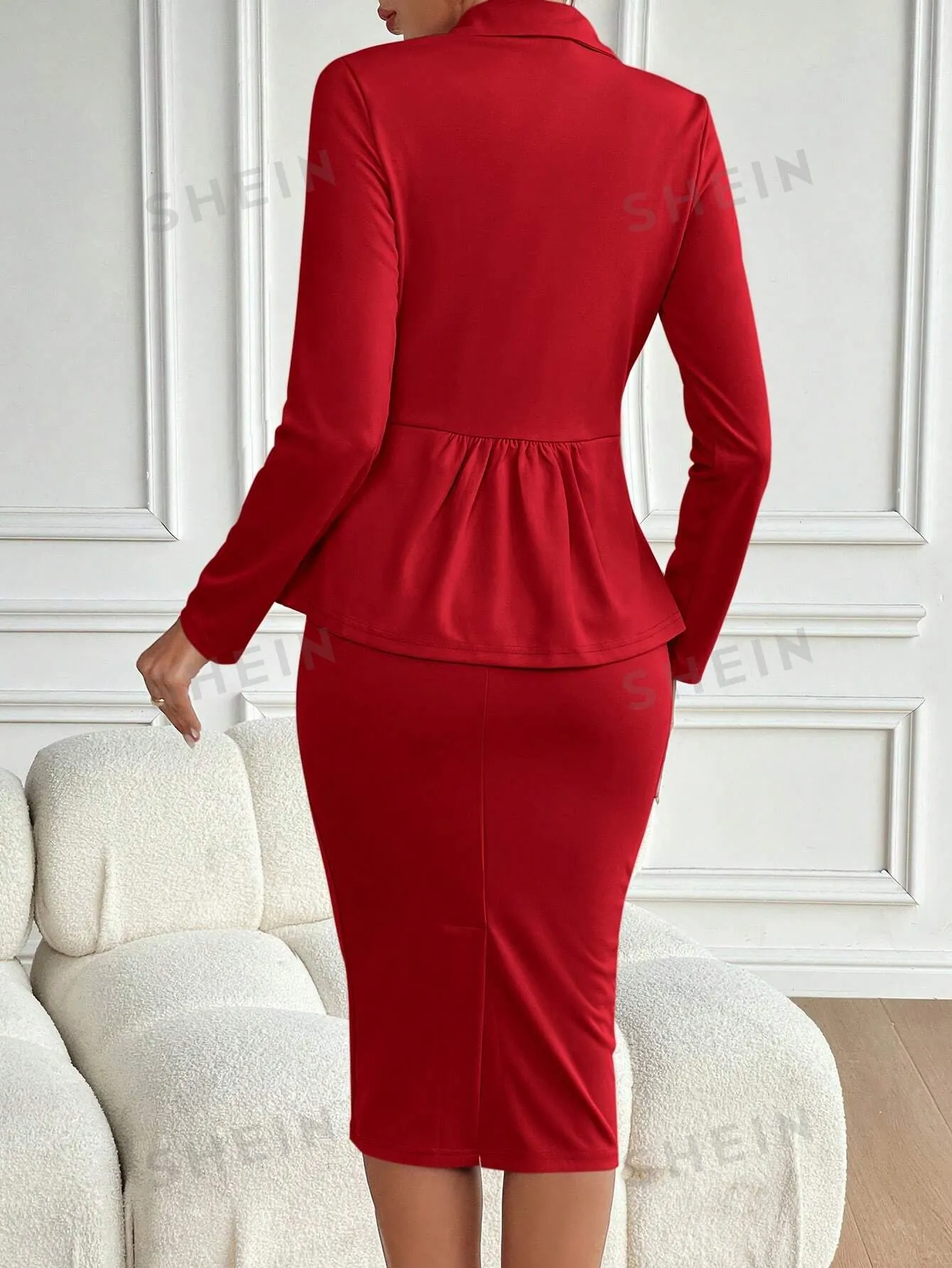 Lady Women's Solid Color Front Button Long Sleeve Pocket Minimalist Blouse And Pencil Skirt Suit