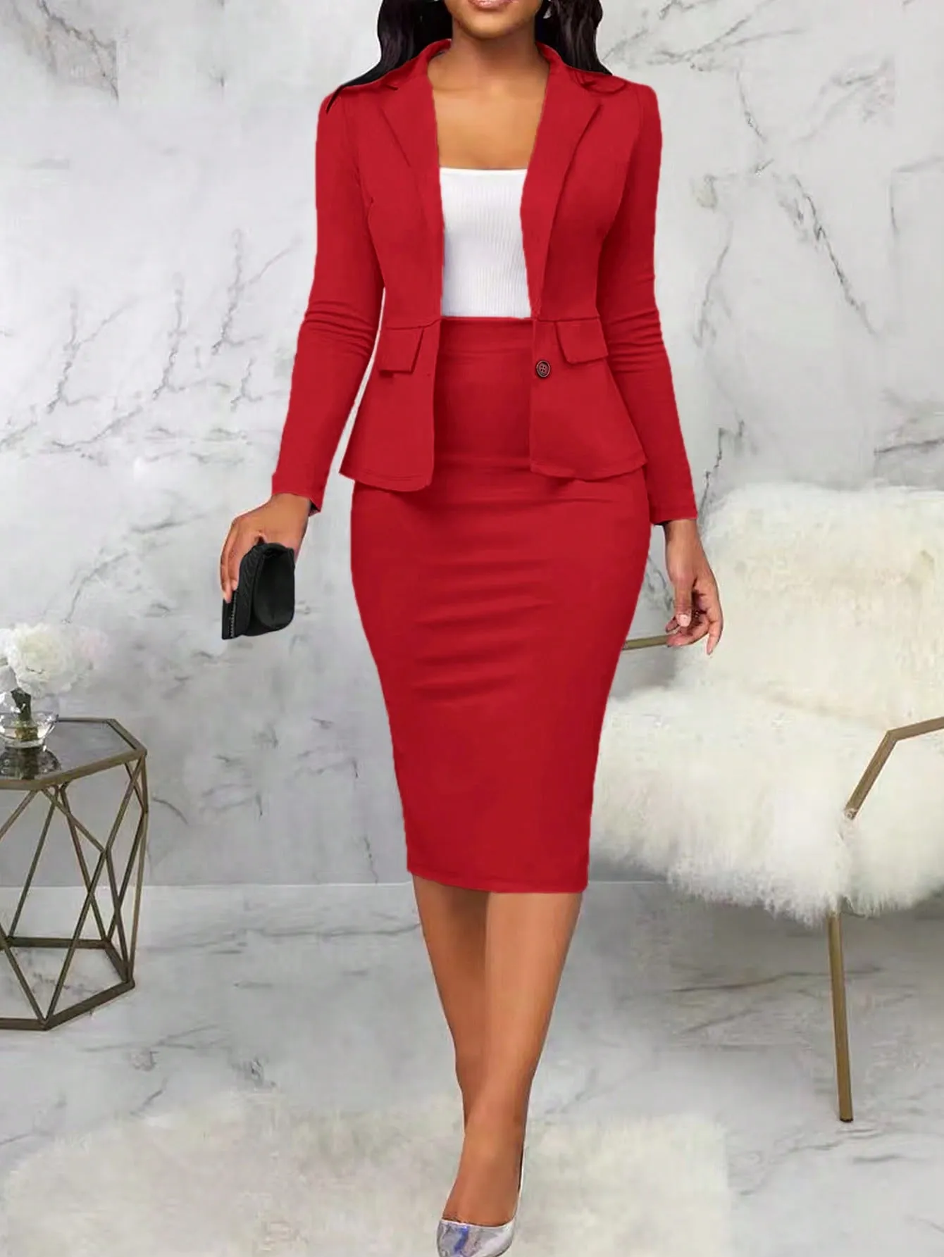 Lady Women's Solid Color Front Button Long Sleeve Pocket Minimalist Blouse And Pencil Skirt Suit