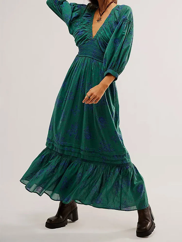 Lantern Long Sleeve V-neck Waist-slimming Women's Long Dress