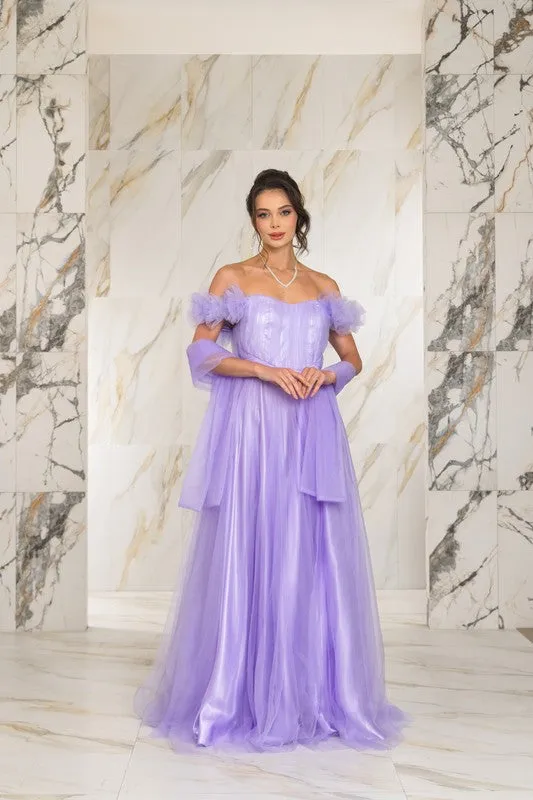 Lavender Solid Color Off Shoulder Tulle Maxi Dress With Back Zipper