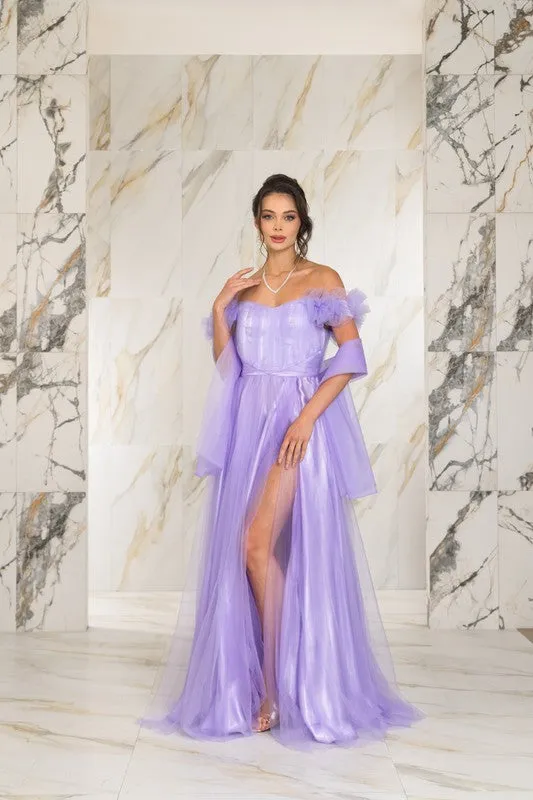 Lavender Solid Color Off Shoulder Tulle Maxi Dress With Back Zipper