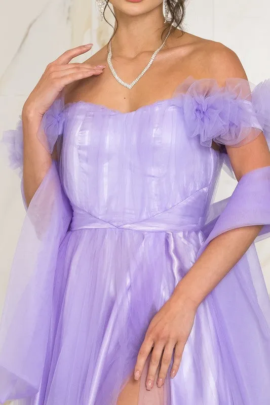 Lavender Solid Color Off Shoulder Tulle Maxi Dress With Back Zipper