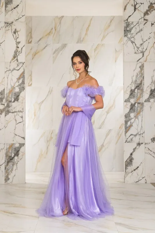 Lavender Solid Color Off Shoulder Tulle Maxi Dress With Back Zipper