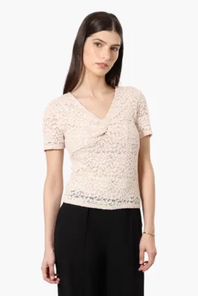 Limite Lace V-Neck Short Sleeve Shirt - Blush