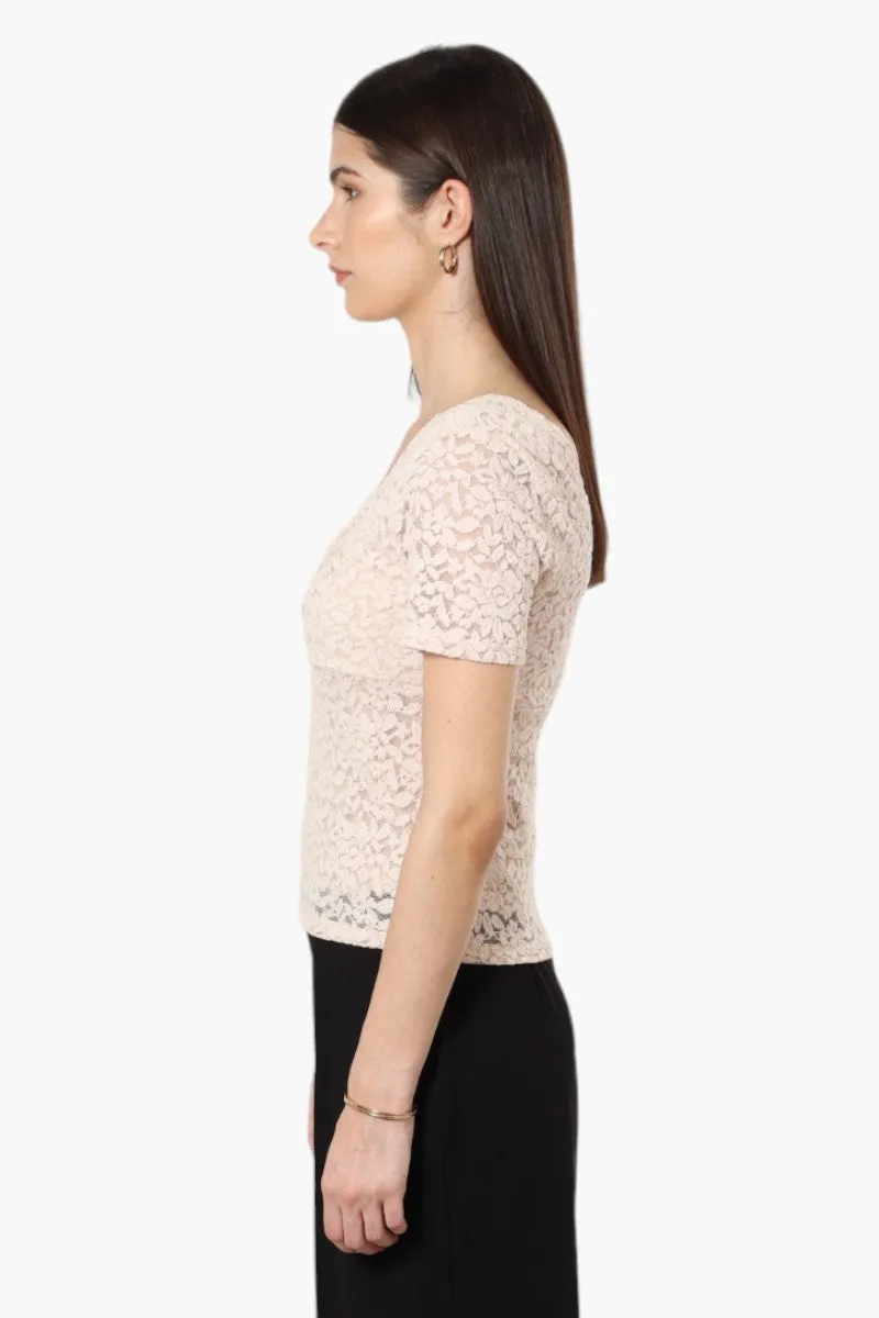 Limite Lace V-Neck Short Sleeve Shirt - Blush