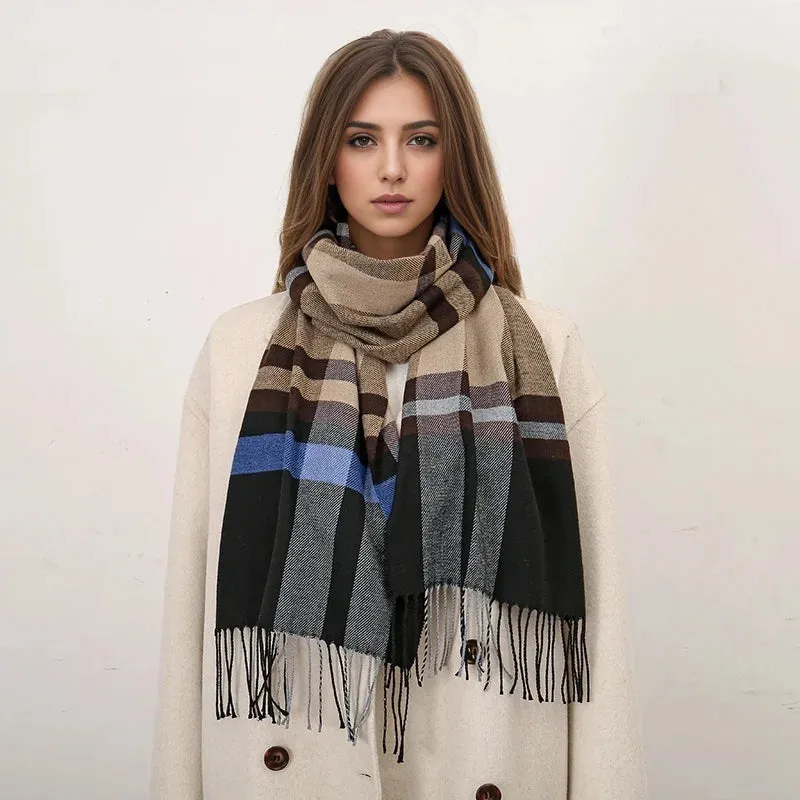 Luxury Plaid Print Warm Travel Cashmere Winter Pashmina Long Casual Scarf