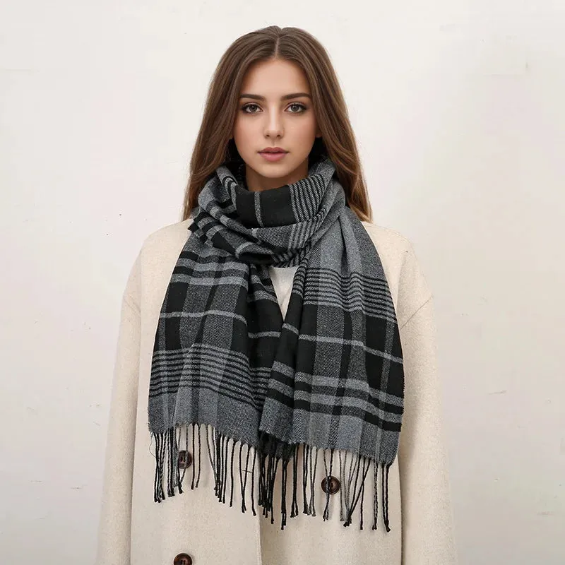 Luxury Plaid Print Warm Travel Cashmere Winter Pashmina Tassel Long Casual Scarf