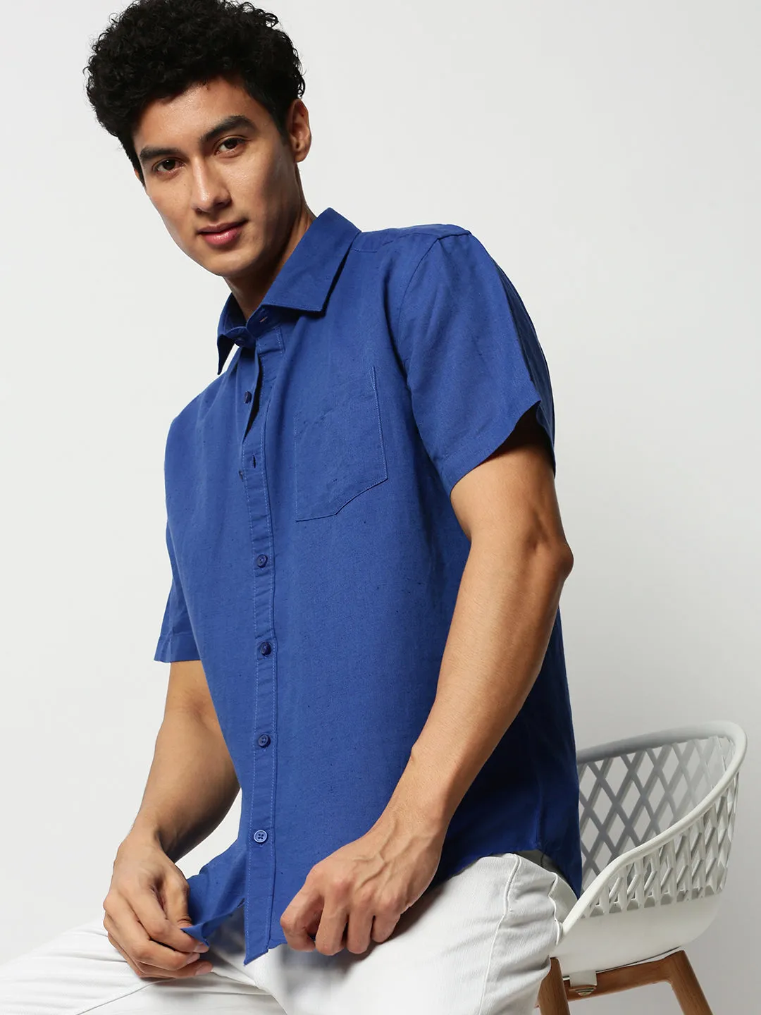 Men Blue Solid Casual Casual Shirts