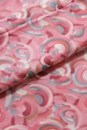 Multi Color Abstract Pattern With Foil Print On Light Pink Pure Rayon Fabric