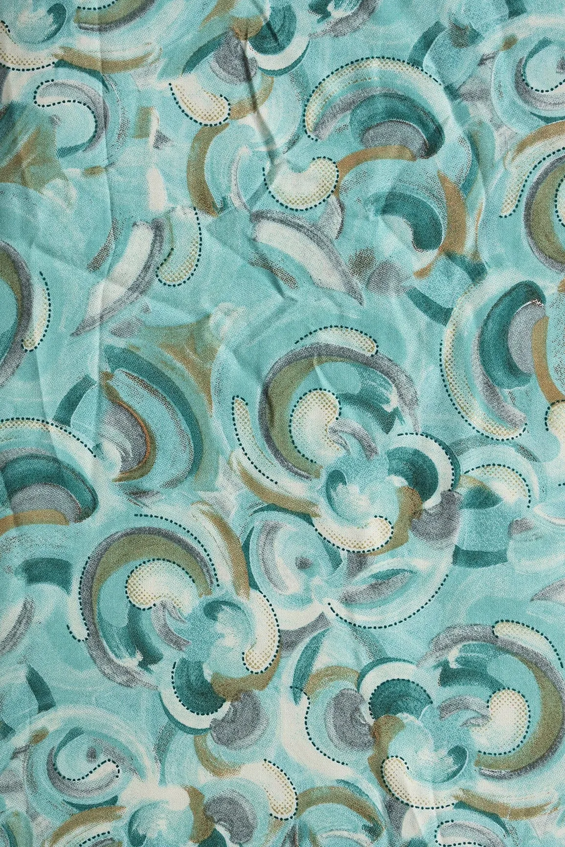 Multi Color Abstract Pattern With Foil Print On Teal Pure Rayon Fabric