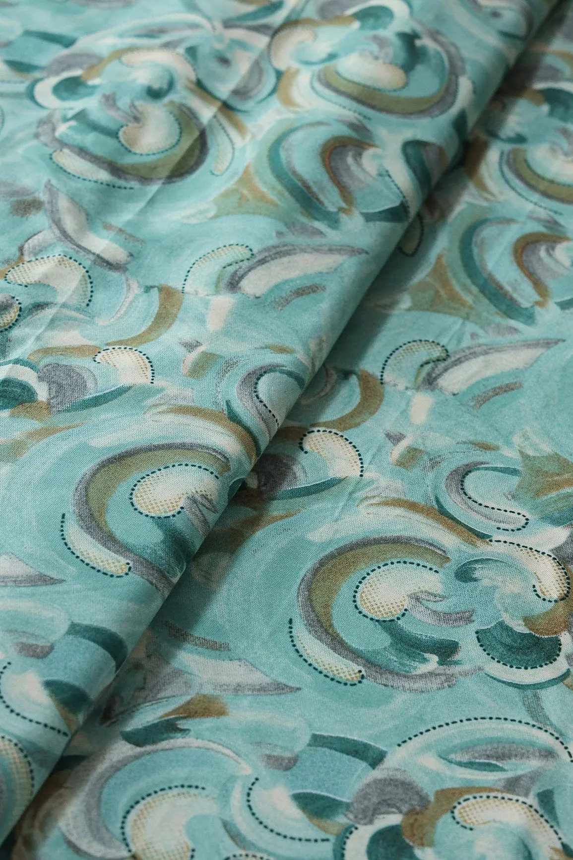 Multi Color Abstract Pattern With Foil Print On Teal Pure Rayon Fabric