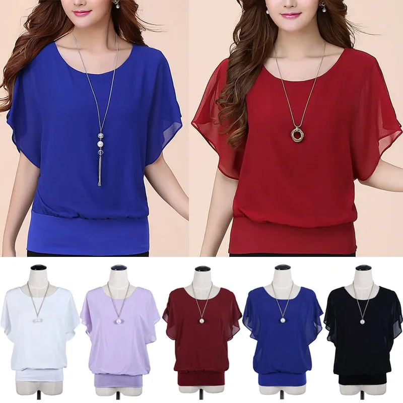 New Solid Short Sleeve Ruffle Batwing Short Shirt