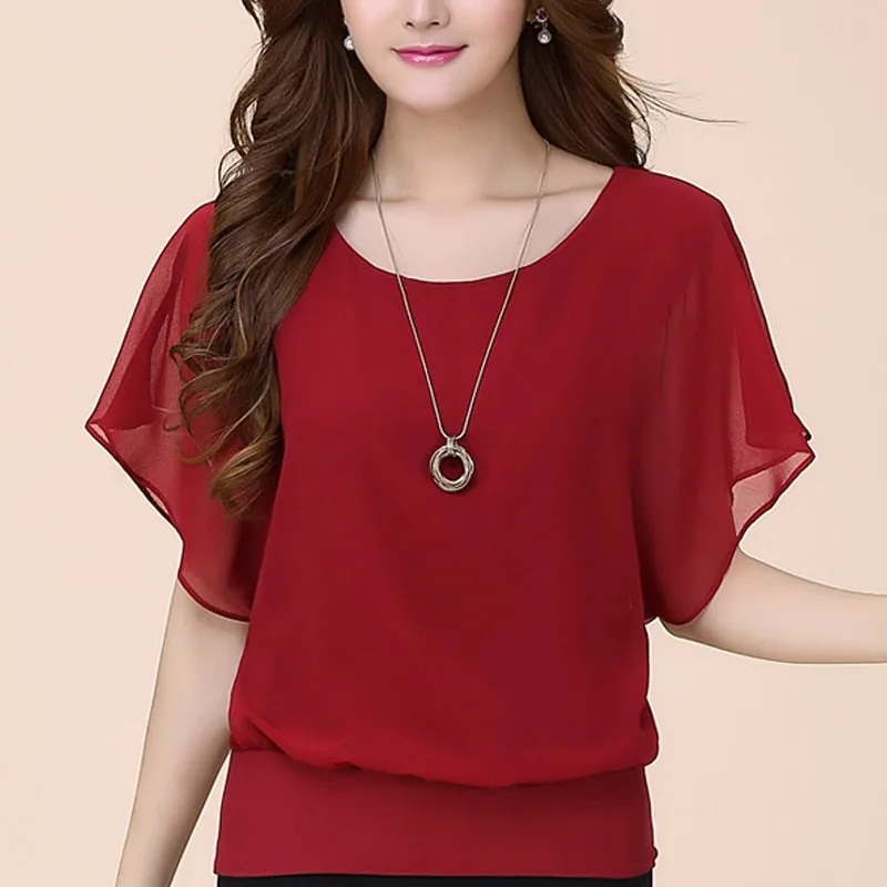 New Solid Short Sleeve Ruffle Batwing Short Shirt