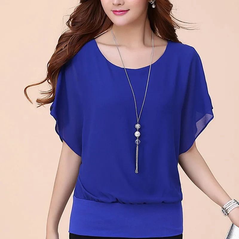 New Solid Short Sleeve Ruffle Batwing Short Shirt