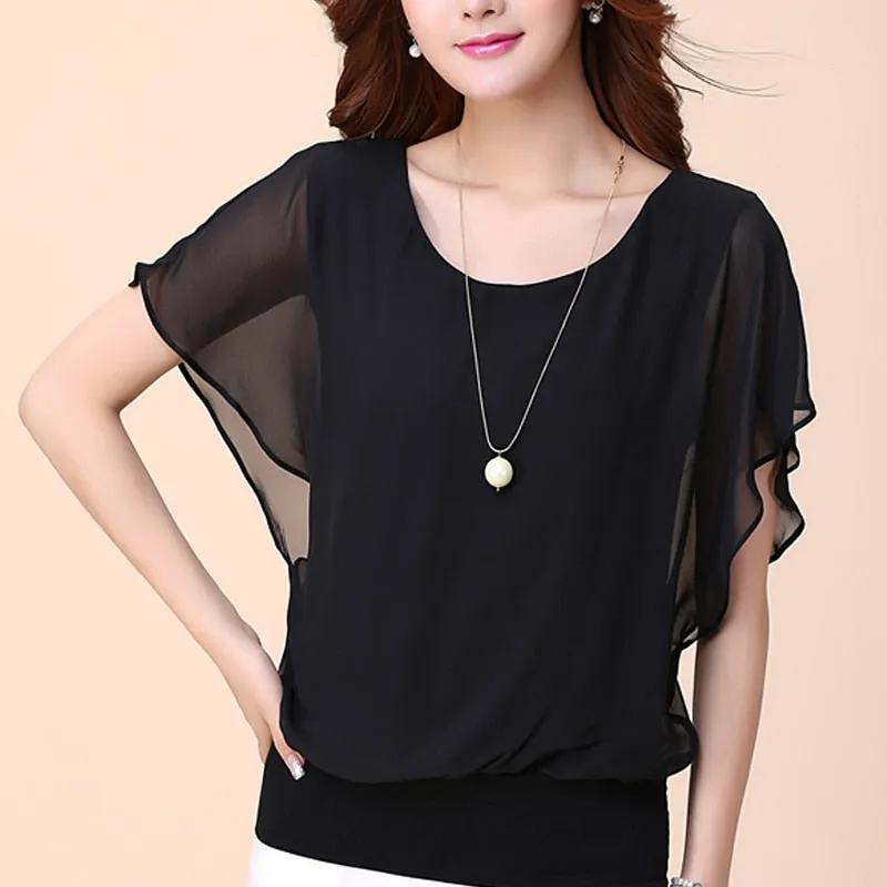 New Solid Short Sleeve Ruffle Batwing Short Shirt