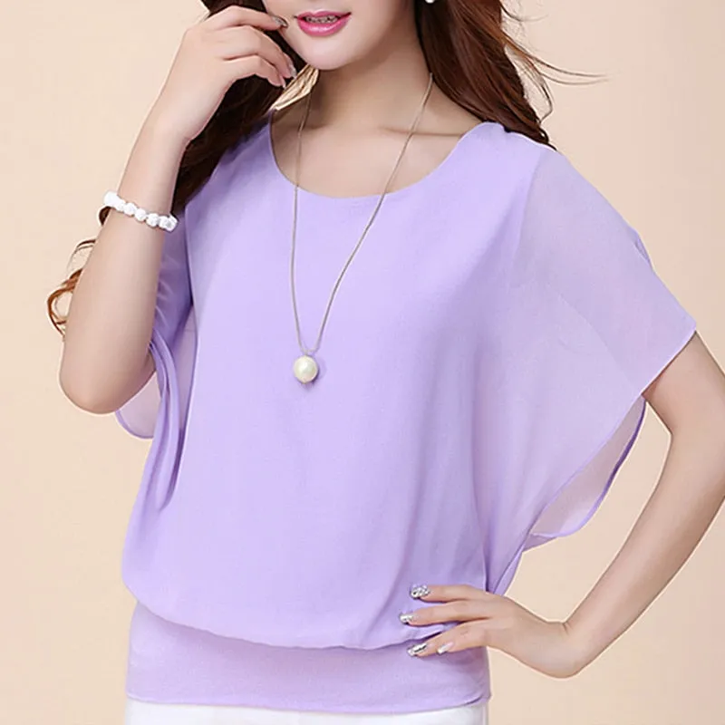 New Solid Short Sleeve Ruffle Batwing Short Shirt