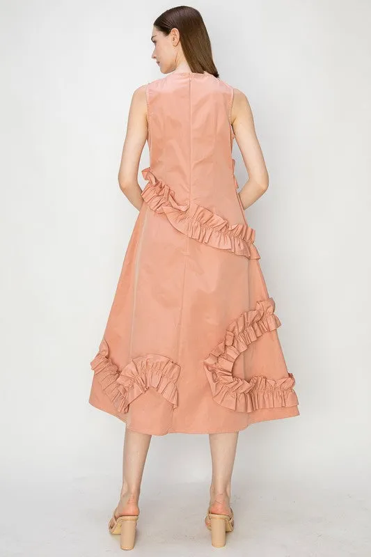 Peach Frill Sleeveless Midi Dress