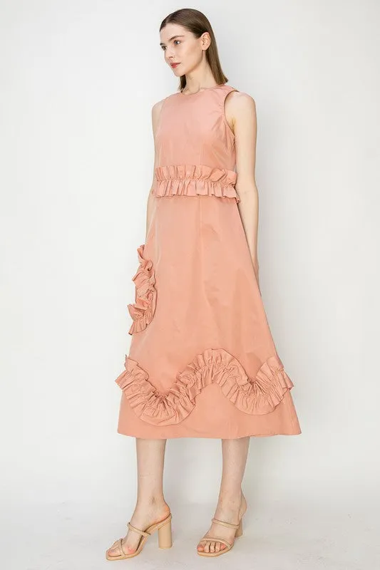 Peach Frill Sleeveless Midi Dress