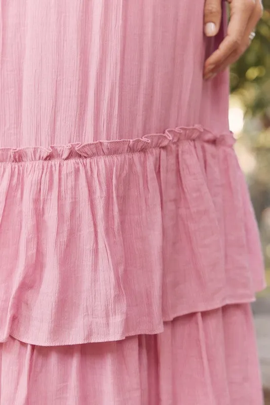 Pink Halter Neck Ruffled Maxi Dress