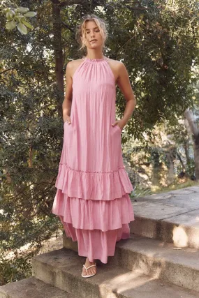 Pink Halter Neck Ruffled Maxi Dress