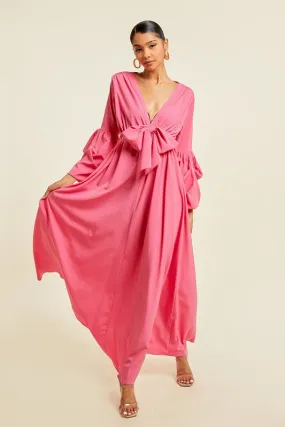 Pink V Neck Tie Up Maxi Dress