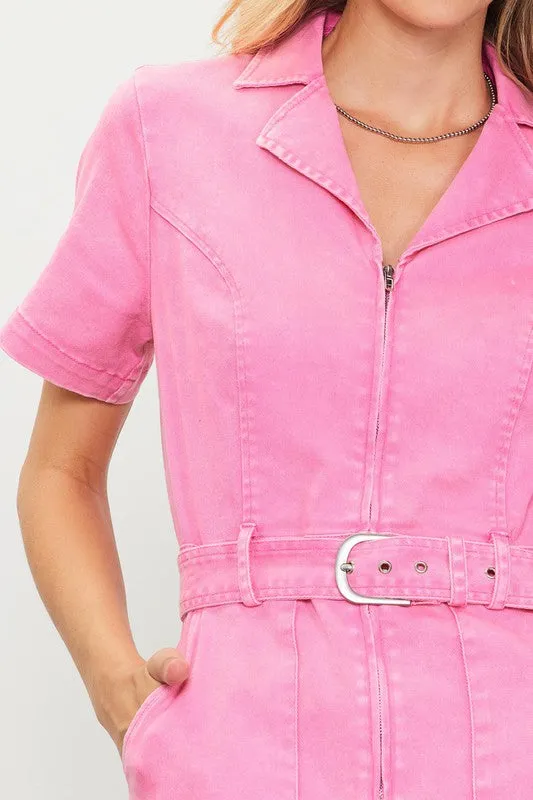 Pink Woven Twill Short Sleeve Zip Up Dress