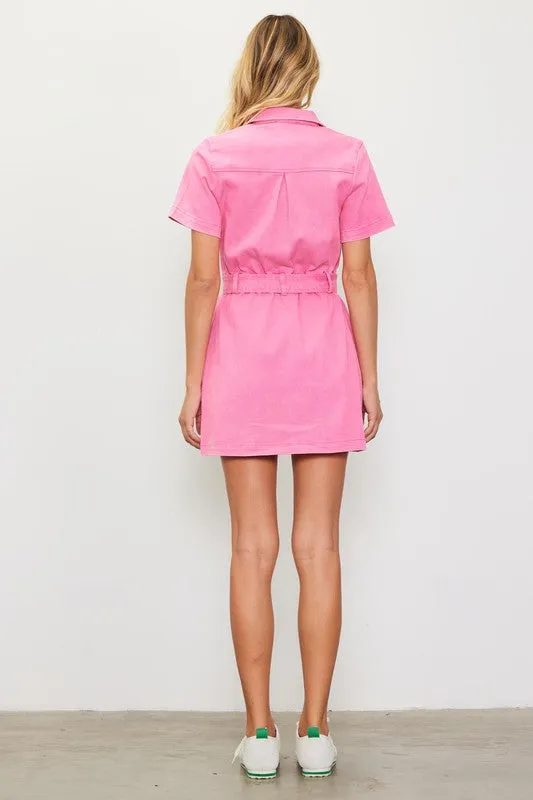 Pink Woven Twill Short Sleeve Zip Up Dress