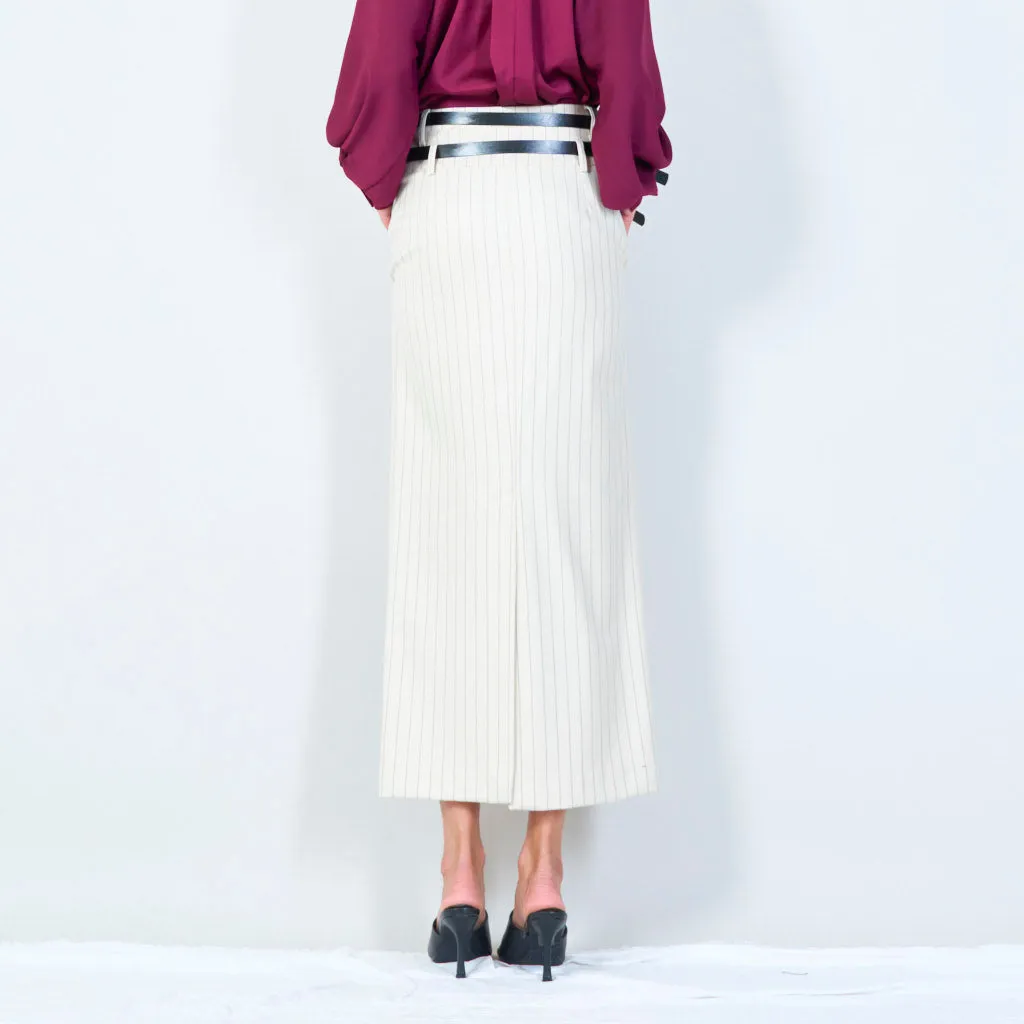 Pinstripe midi pencil skirt with double belt wholesale