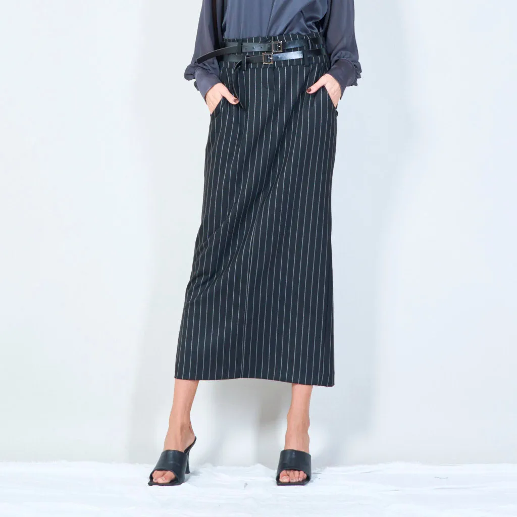 Pinstripe midi pencil skirt with double belt wholesale