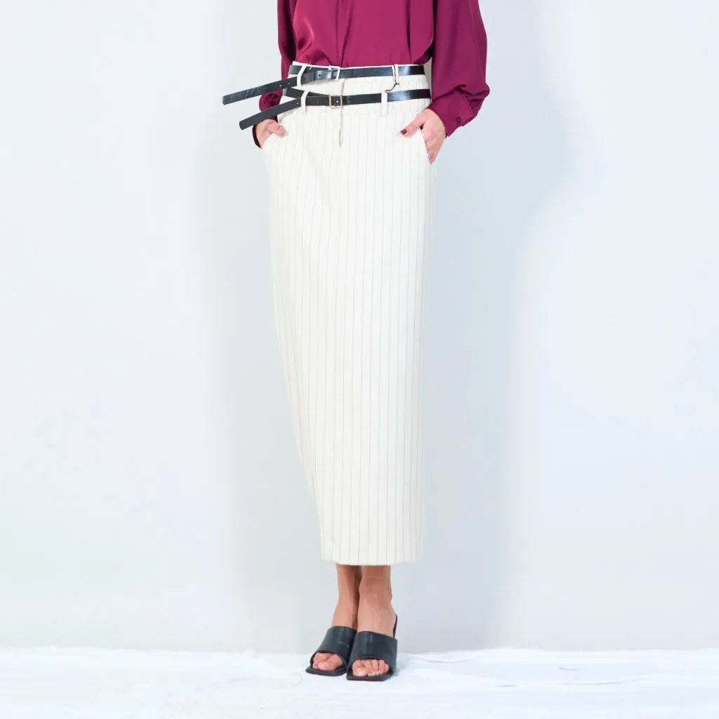 Pinstripe midi pencil skirt with double belt wholesale