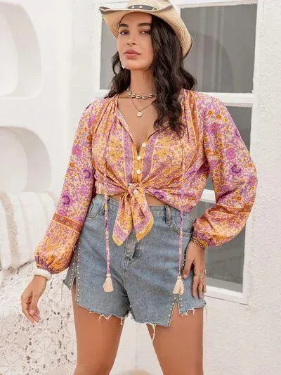 Plus Size Fashion: Tie Neck Tassel Blouse