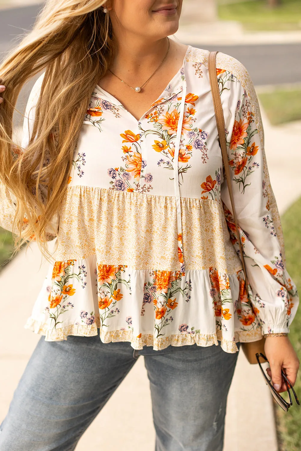 Plus Size Floral Print V Neck Blouse