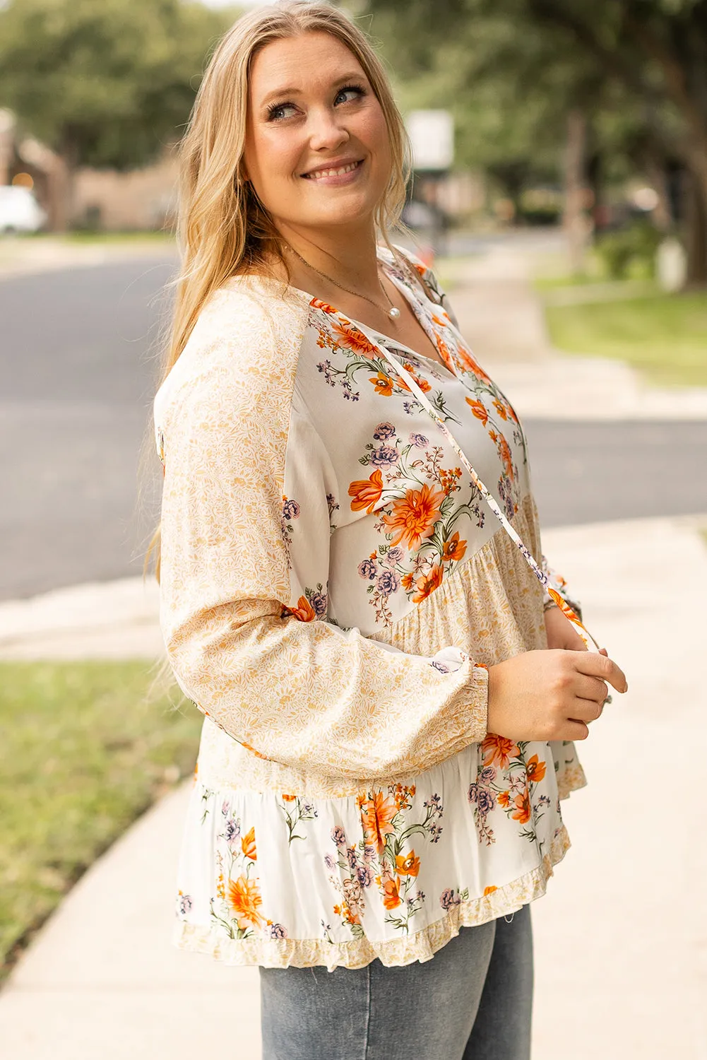 Plus Size Floral Print V Neck Blouse