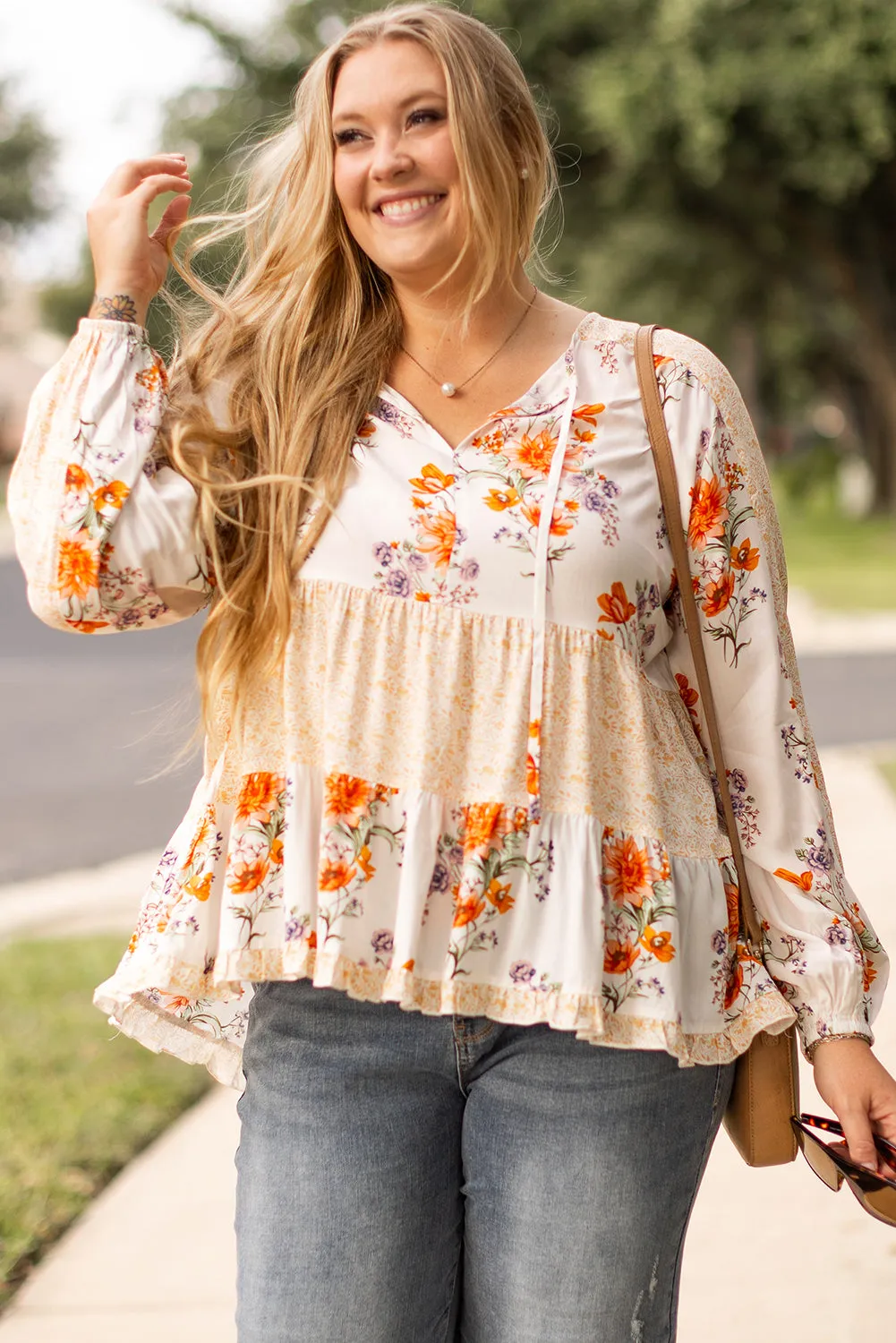 Plus Size Floral Print V Neck Blouse