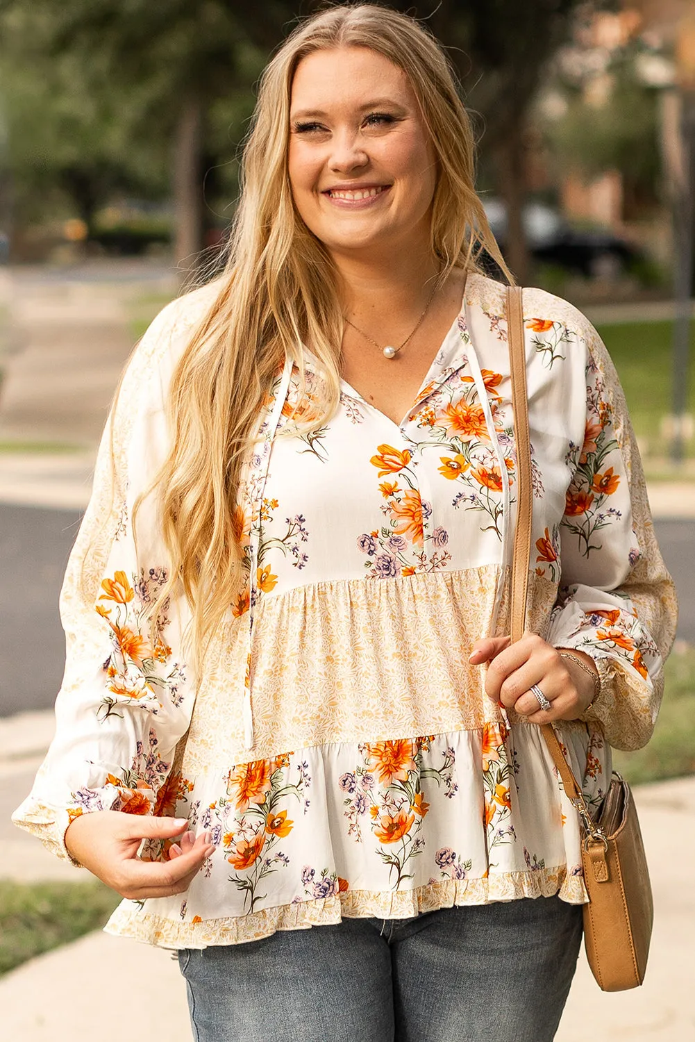 Plus Size Floral Print V Neck Blouse