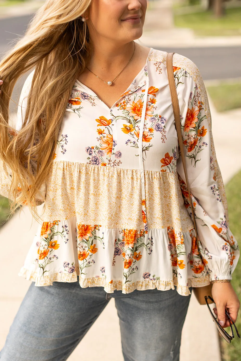 Plus Size Floral Print V Neck Blouse