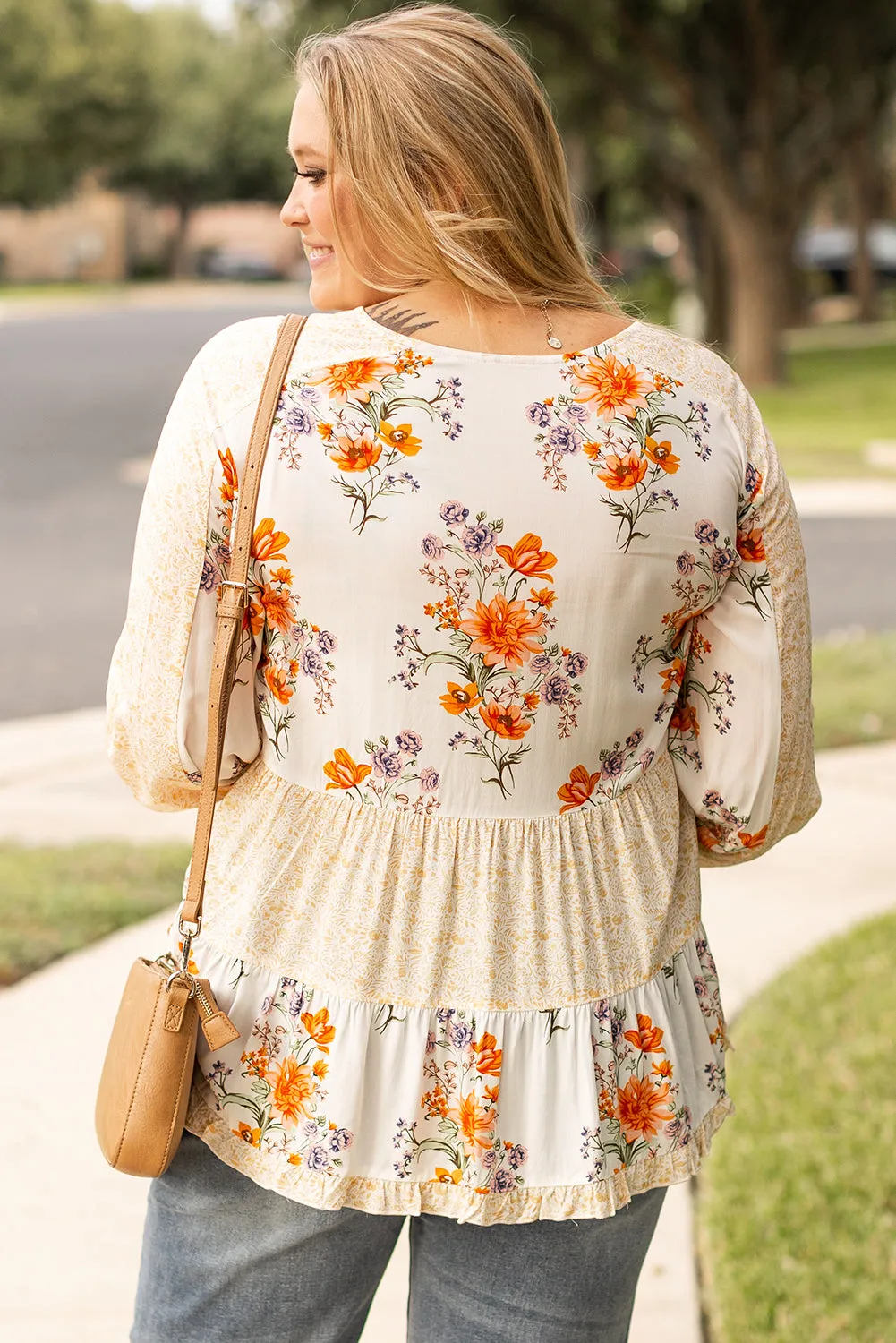 Plus Size Floral Print V Neck Blouse