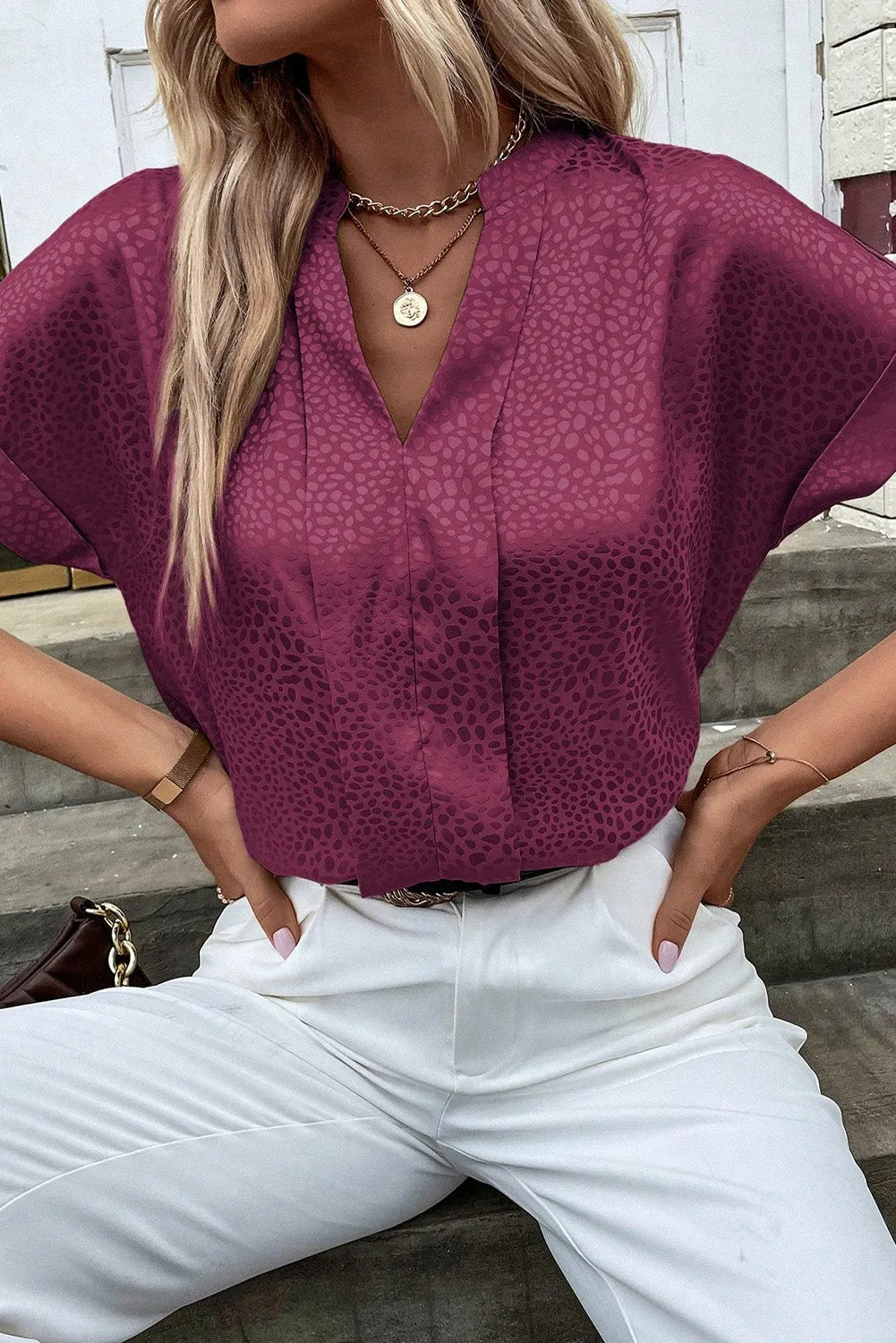 Red Leopard Print Rolled Sleeve V Neck Blouse