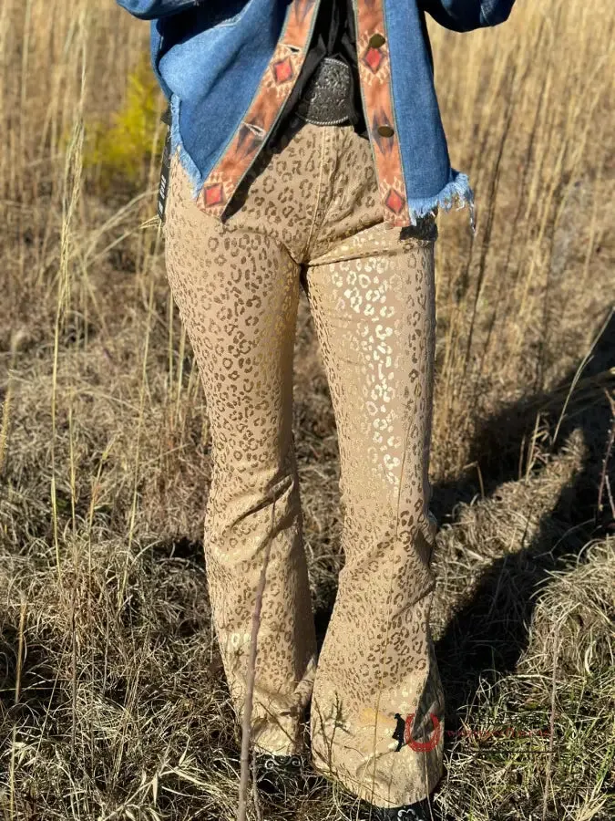 ROCK&ROLL Gold Cheetah Print Flare Jeans