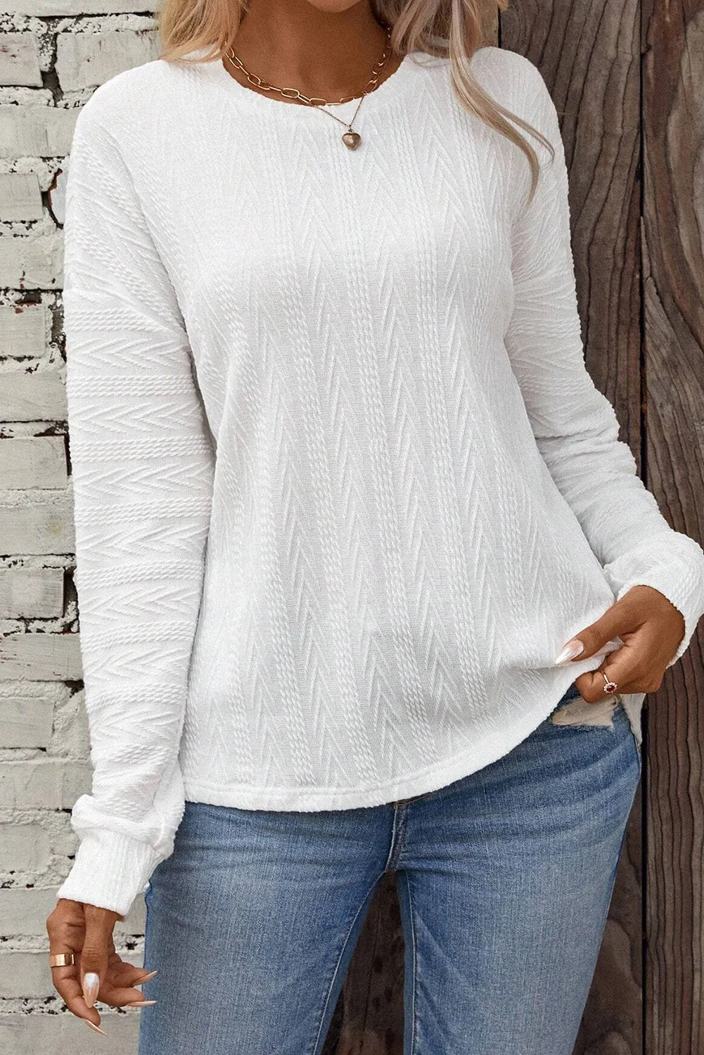 Round Neck Drop Shoulder Textured Knit Top