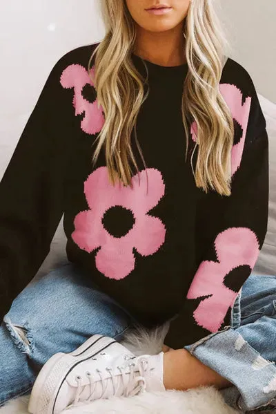 Round Neck Floral Pattern Long Sleeve Sweater