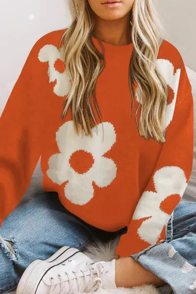 Round Neck Floral Pattern Long Sleeve Sweater