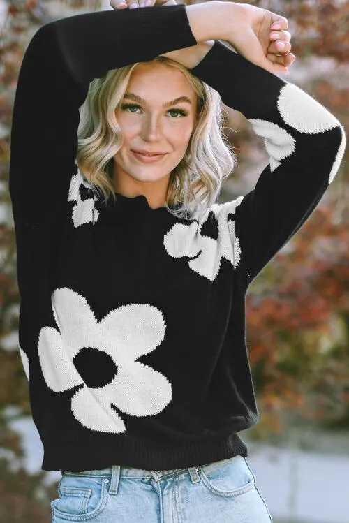 Round Neck Floral Pattern Long Sleeve Sweater