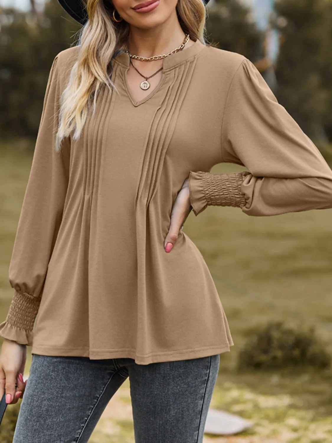 Ruched Notched Long Sleeve Blouses | Trendy Blouses | Fall Blouses