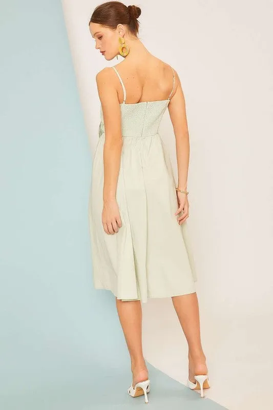 Sage Front Tie Knot Back Zipper Ruffle Solid Dress